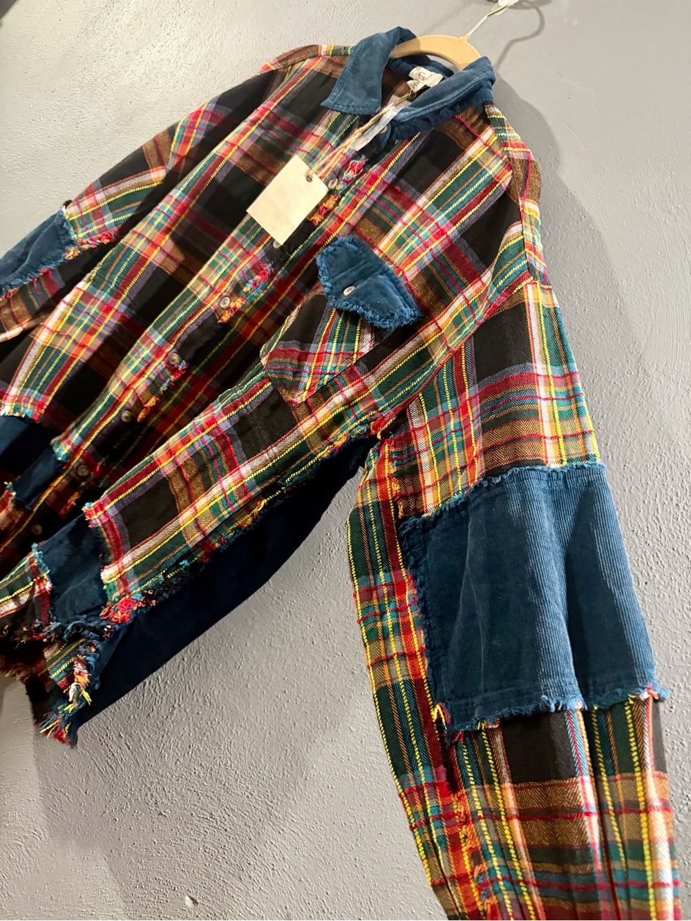 easel Multicolor Plaid Button-Down Shacket with Blue Corduroy Trim - Picture 4 of 10